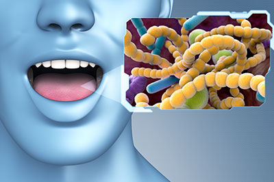 The image shows a 3D rendering of a human face with an open mouth, set against a background with a scientific visualization of bacterial cells.