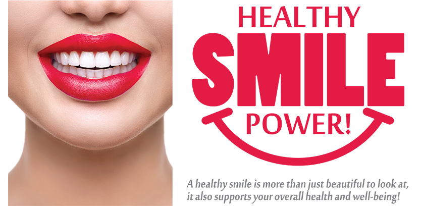 The image features a close-up of a person s face with red lipstick, overlaid with text that reads  HEALTHY SMILE POWER  and includes a logo for  SMILE SMART.